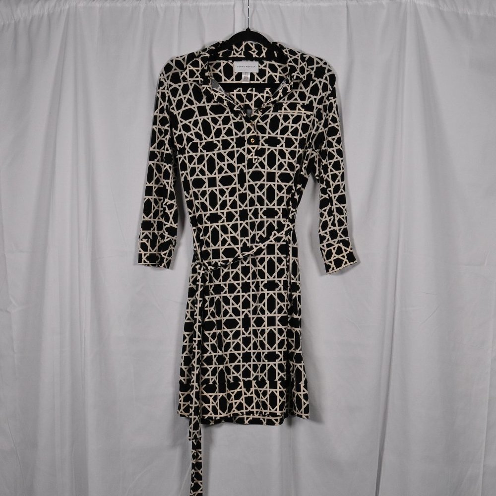 Donna Morgan Black & Cream Geometric Pattern Shirt Dress Size 8